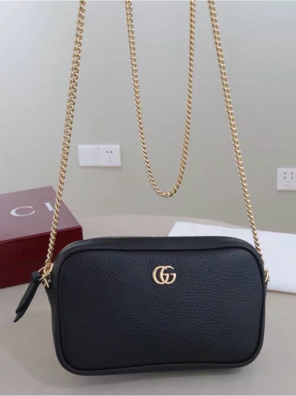 Gucci Black Leather GG Small Camera Crossbody with Gold Chain